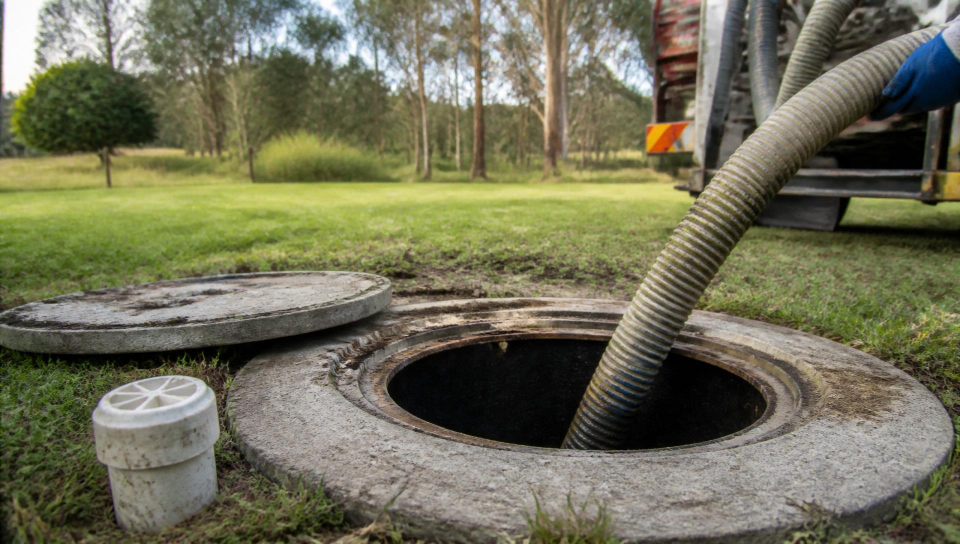 Byron hinterland acreage property at dusk with a discreet septic tank access lid in mown grass