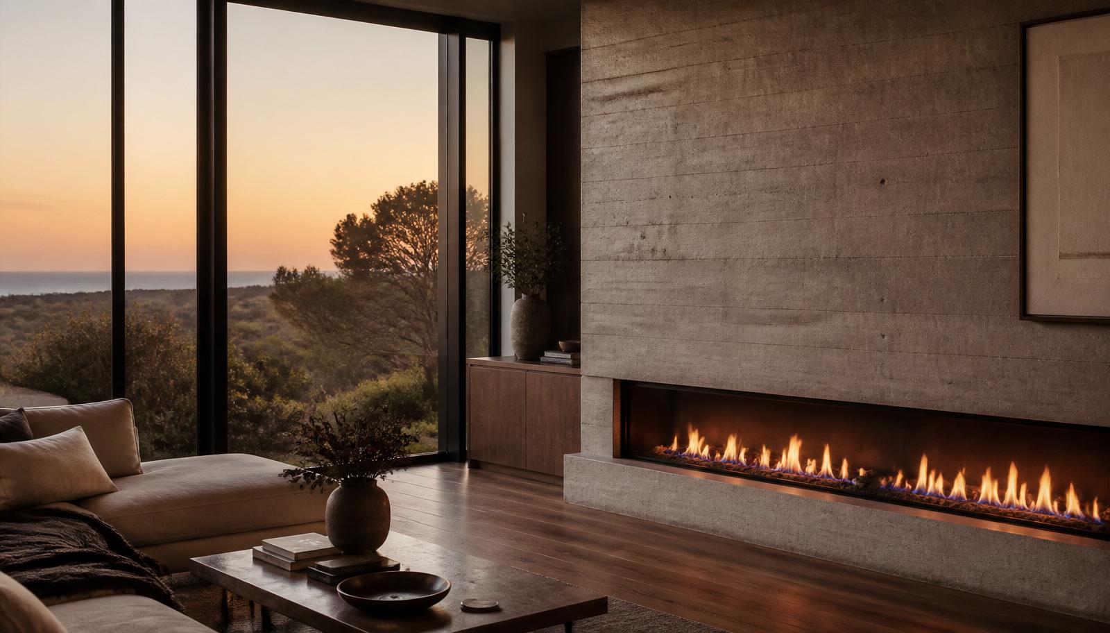 Warm walnut kitchen with gas cooktop, marble bench and garden view, the same certified gasfitting scope behind fireplace installs