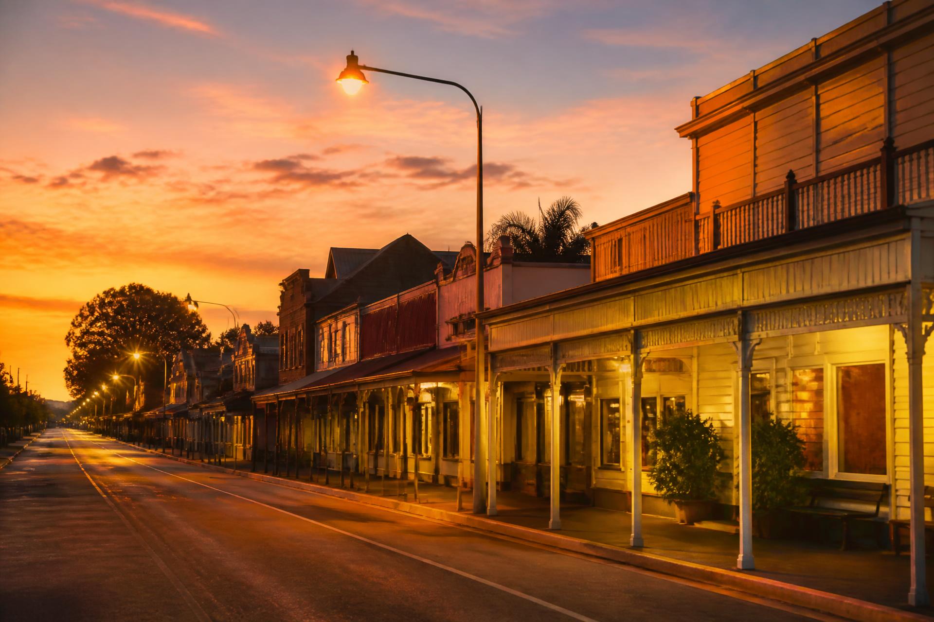 Lismore heritage timber shopfronts and verandahs at warm dusk