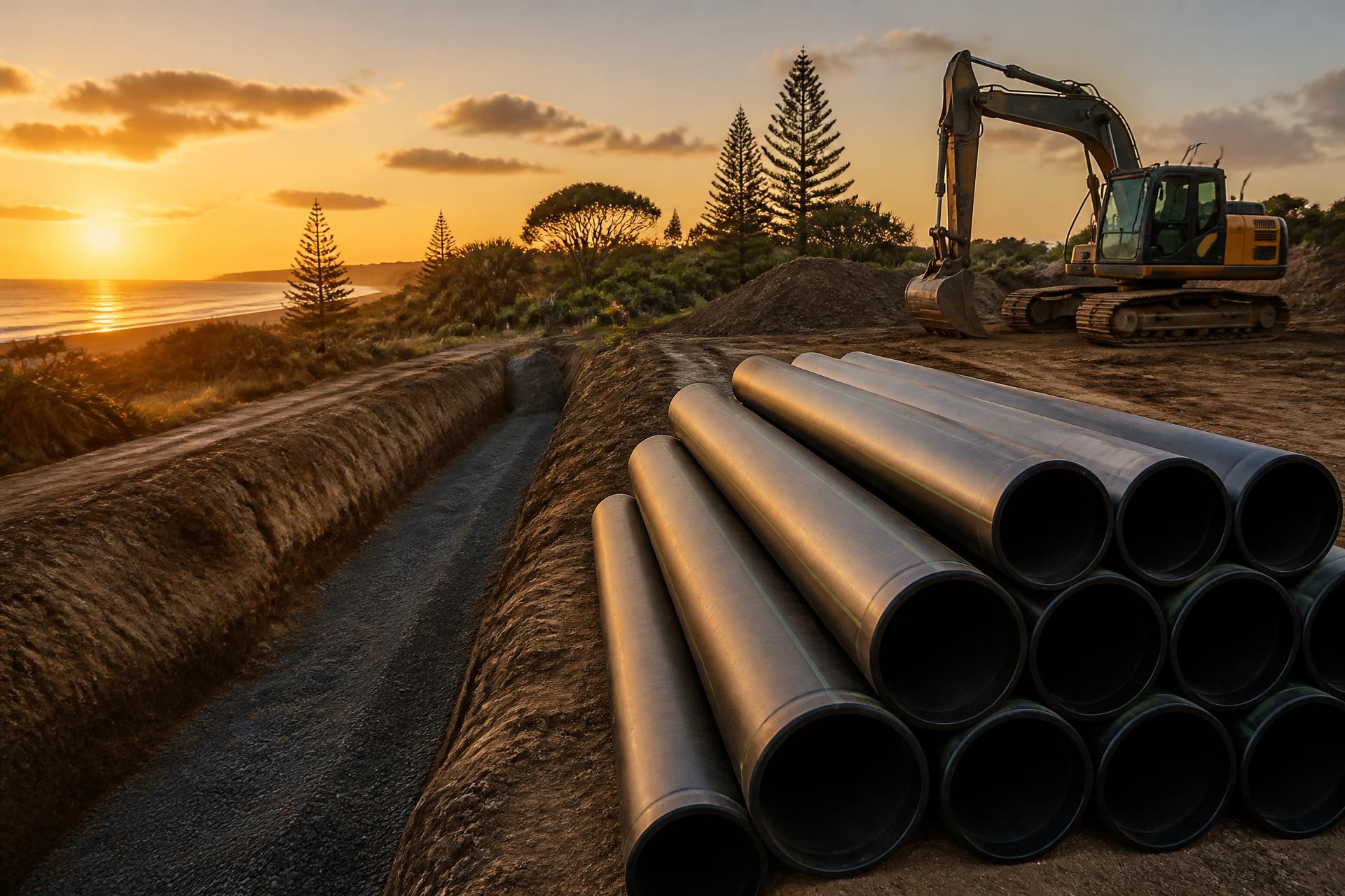 Civil plumbing works at coastal dusk, stacked HDPE stormwater pipes, freshly excavated trench and excavator on site