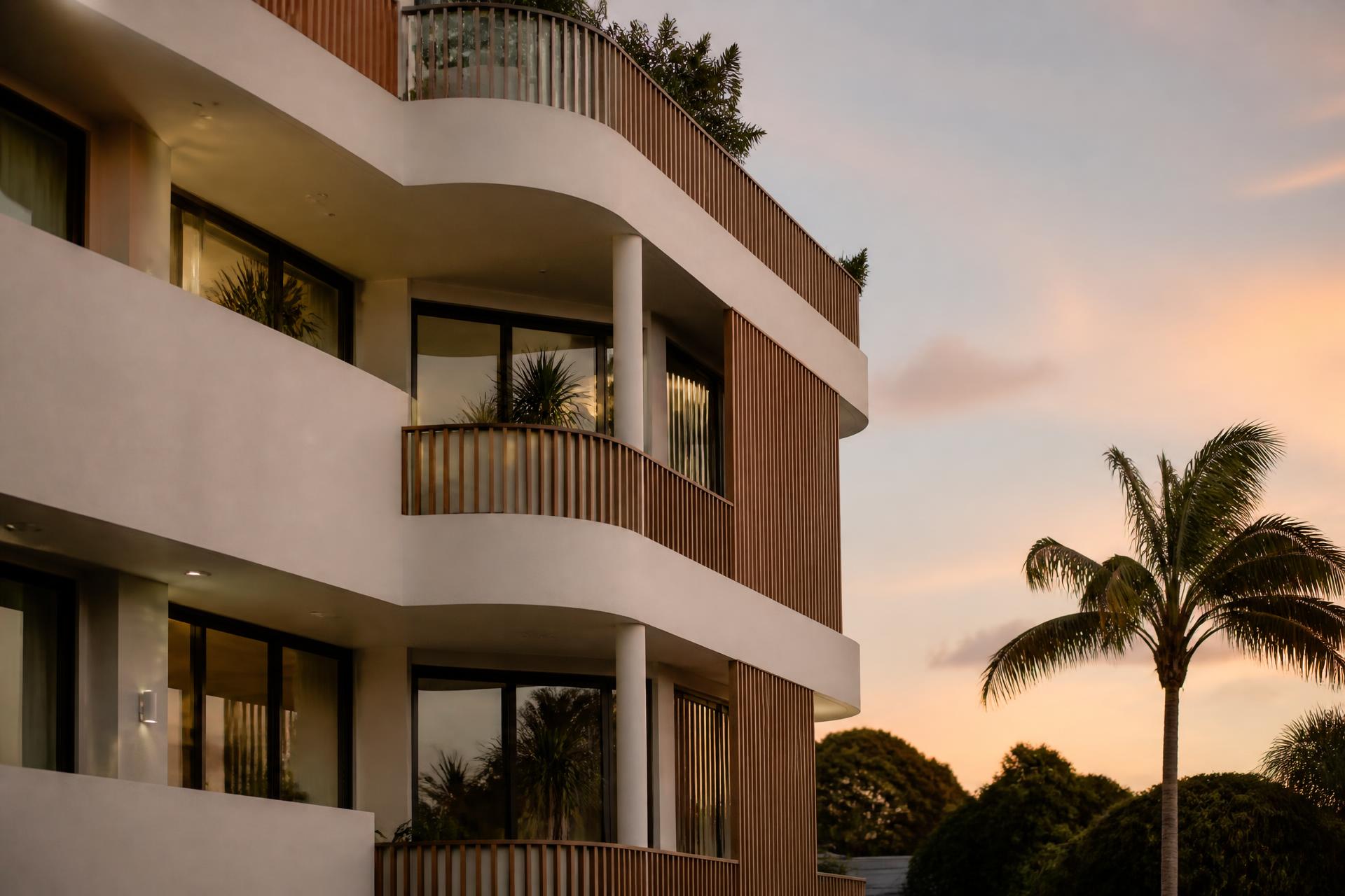 Coastal Northern Rivers apartment building at dusk, white render, timber balconies and palm trees