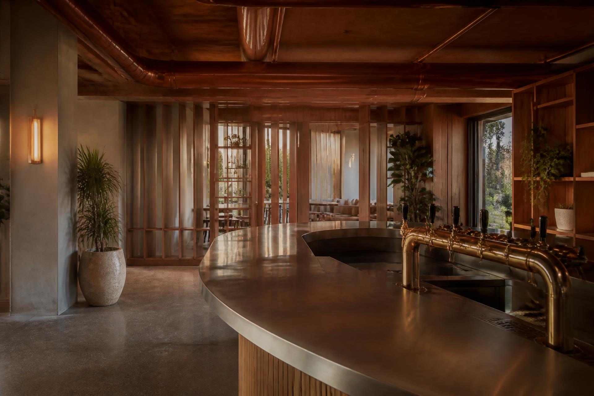 Commercial hospitality fit-out interior at dusk, exposed copper services, timber joinery, brass tapware on a stainless counter