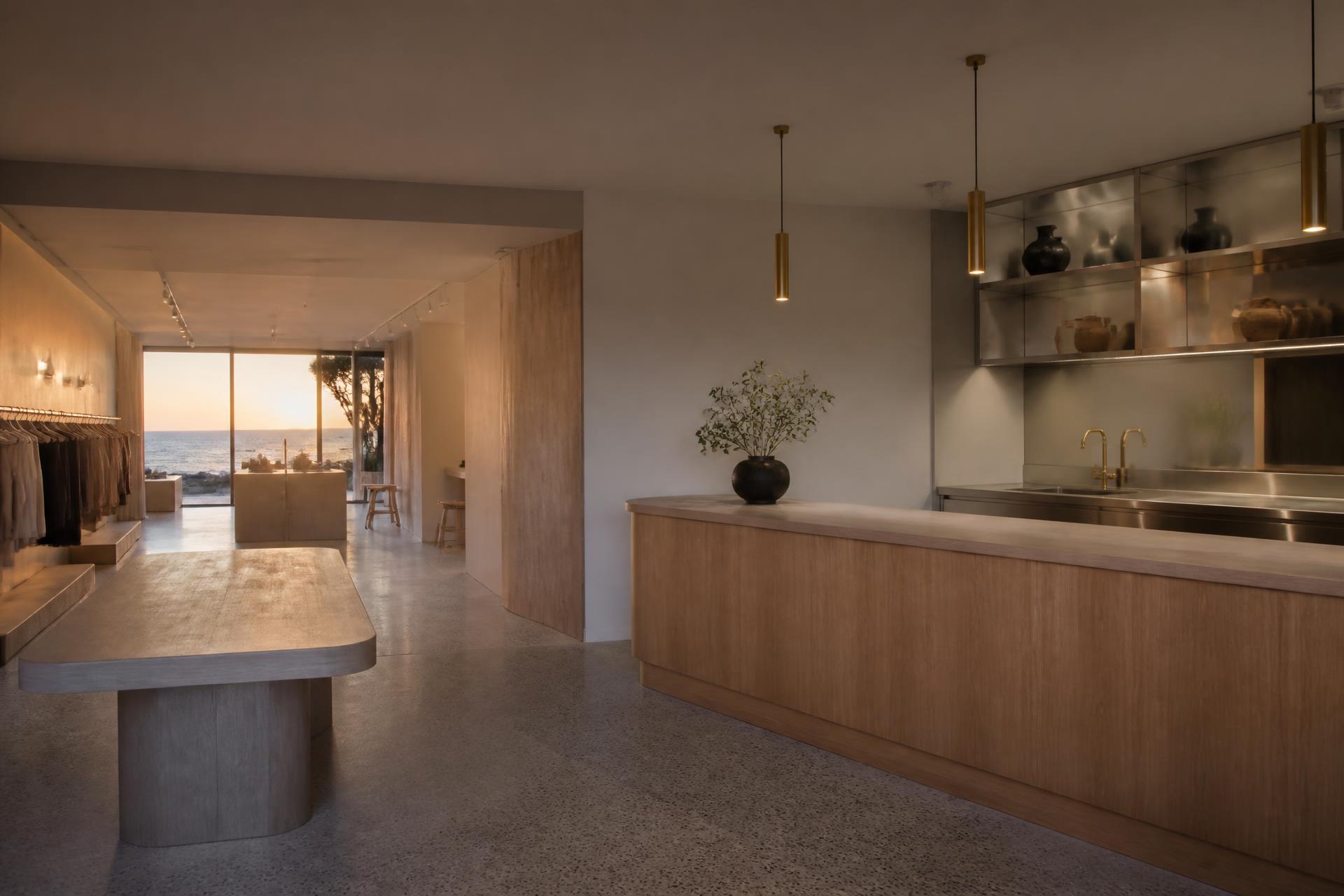 Completed boutique retail fit-out at dusk, timber counter, stainless wet area with brass tapware, ocean view beyond